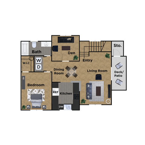 Floor plan for 1 bed, 1 bath, 856 sqft